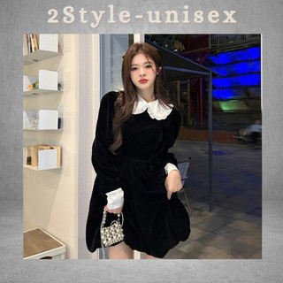 Váy nhung liền phối cổ sen tay dài, Váy nhung basic 2 màu đỏ, đen vải nhung Quảng Châu dày dặn ấm áp 2style_unisex
