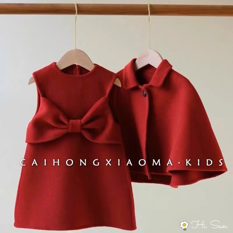 Set 2 áo khoác dạ kèm váy dạ nơ màu đỏ nhà Hisun cho bé gái diện tết