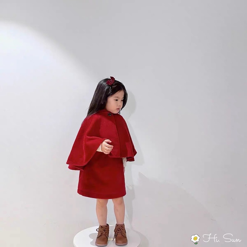 Set 2 áo khoác dạ kèm váy dạ nơ màu đỏ nhà Hisun cho bé gái diện tết