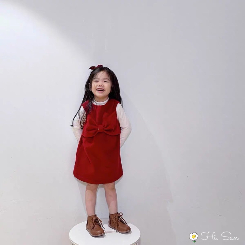 Set 2 áo khoác dạ kèm váy dạ nơ màu đỏ nhà Hisun cho bé gái diện tết