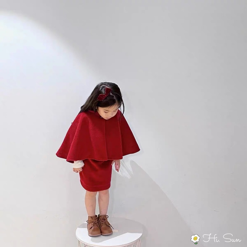 Set 2 áo khoác dạ kèm váy dạ nơ màu đỏ nhà Hisun cho bé gái diện tết