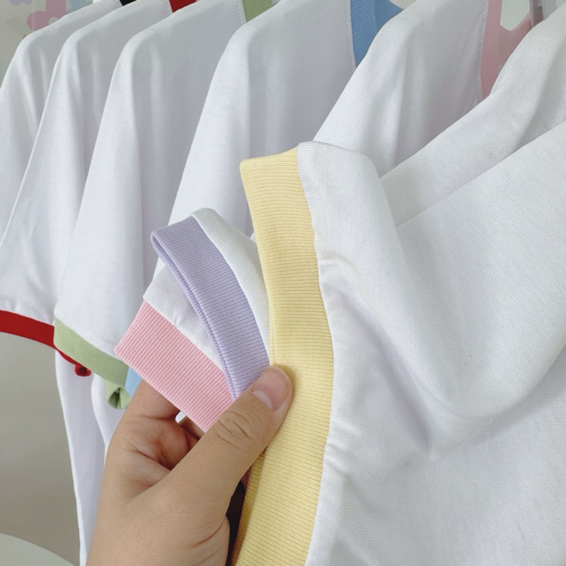 Áo phông thái cotton trơn form boxy áo thun trắng viền màu đơn giản dễ thương
