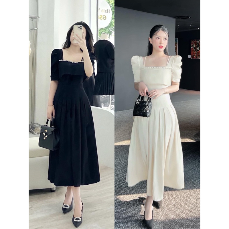 Đầm cổ vuông tay phồng viền đá