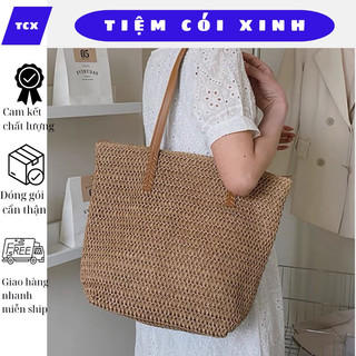 Túi cói dây da có khoá kéo - túi tote cói đan xương cá đi biển