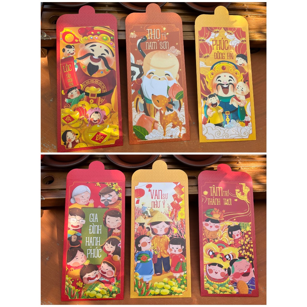 Sét 12 Bao Lì Xì Tết thiết kế đặc sắc - Hình ông Phúc Lộc Thọ - Giấy C150 cán mờ in sắc nét