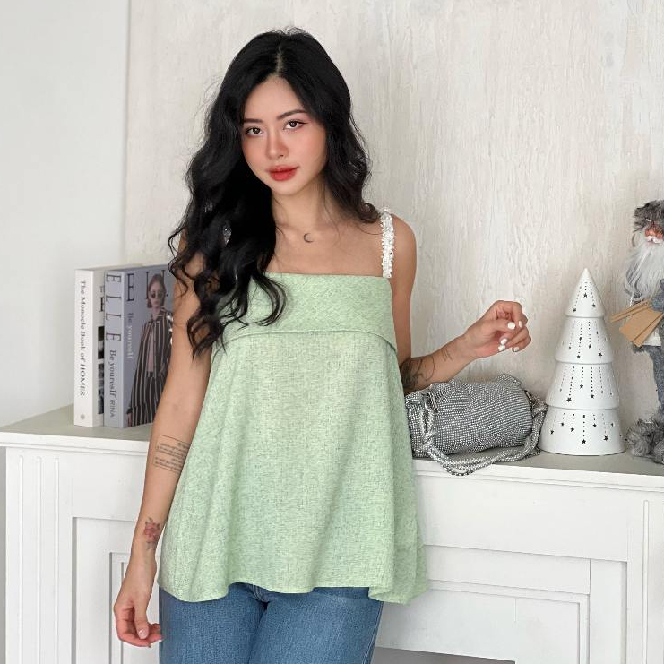 Áo Kiểu Nữ Vải Tweed 2 Dây MARC FASHION Phối Viền Ngọc Trai - FALH090523