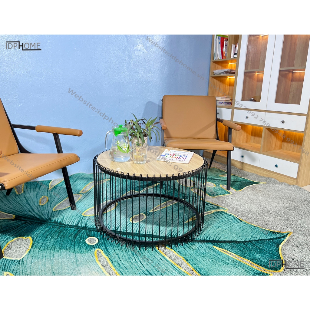 Bàn trà tròn sofa, bàn tròn cafe, bàn trà ban công chân sắt mặt gỗ SP6816