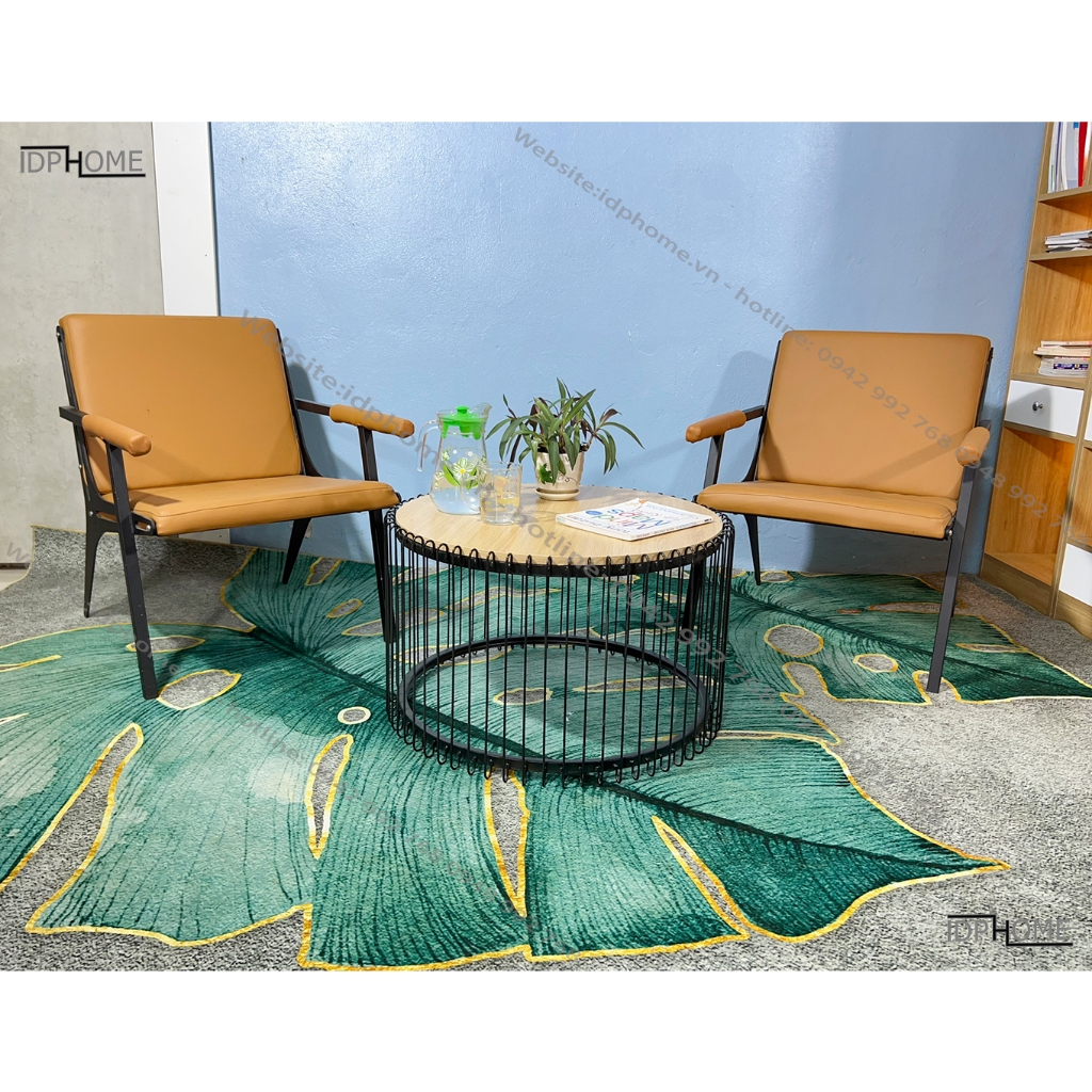 Bàn trà tròn sofa, bàn tròn cafe, bàn trà ban công chân sắt mặt gỗ SP6816