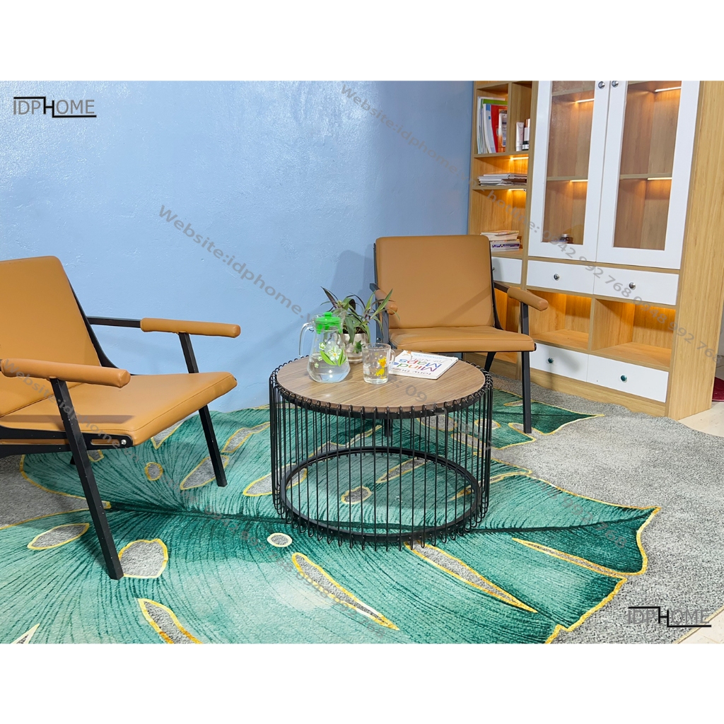 Bàn trà tròn sofa, bàn tròn cafe, bàn trà ban công chân sắt mặt gỗ SP6816