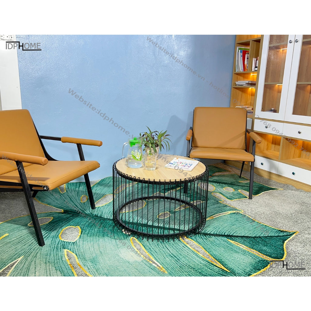 Bàn trà tròn sofa, bàn tròn cafe, bàn trà ban công chân sắt mặt gỗ SP6816