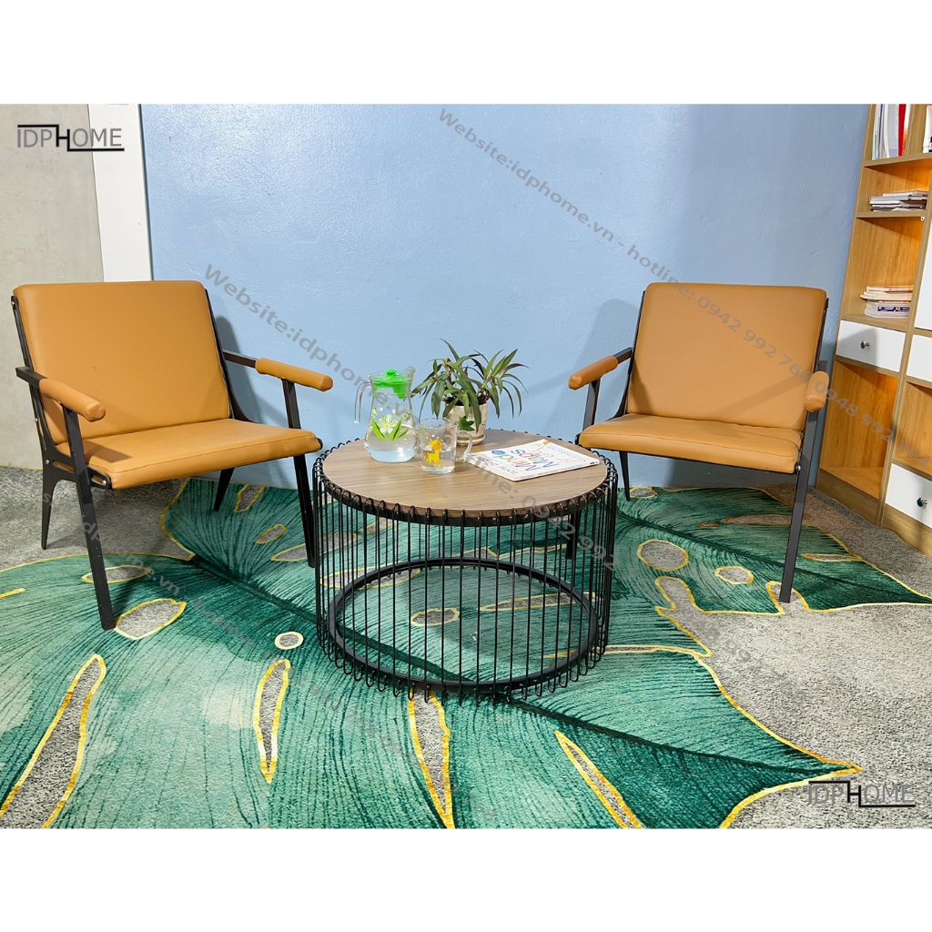 Bàn trà tròn sofa, bàn tròn cafe, bàn trà ban công chân sắt mặt gỗ SP6816