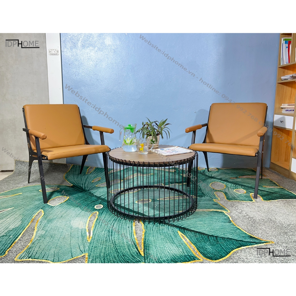 Bàn trà tròn sofa, bàn tròn cafe, bàn trà ban công chân sắt mặt gỗ SP6816