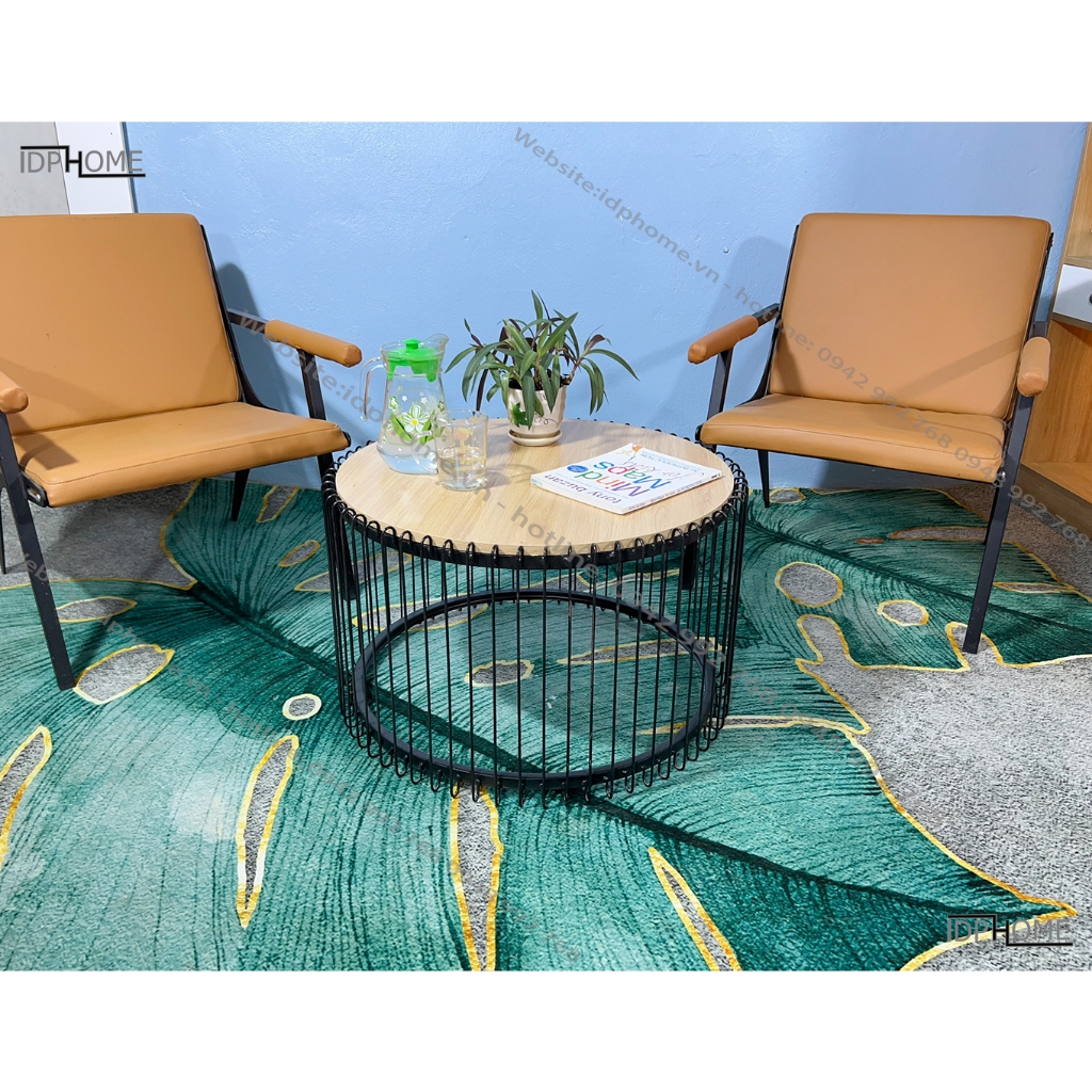 Bàn trà tròn sofa, bàn tròn cafe, bàn trà ban công chân sắt mặt gỗ SP6816