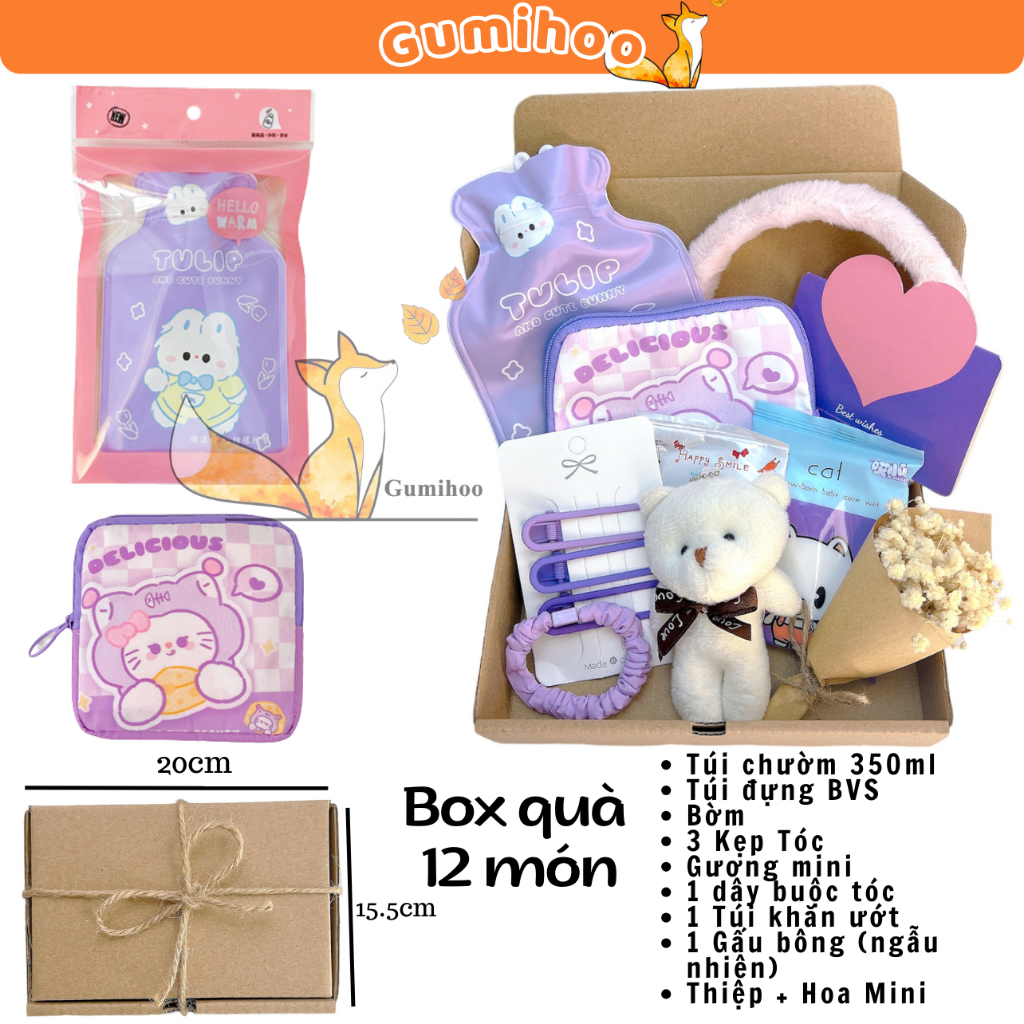 Set quà tặng bạn gái Túi chườm bụng kinh giữ ấm cơ thể 500ml lông mịn Gumihoo