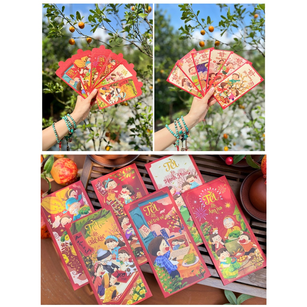 Sét 12 Bao Lì Xì TẾT THIẾT KẾ đặc sắc - Hình xuân sum vầy - Giấy C150 cán mờ in sắc nét