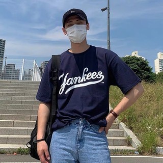 Áo Thun Nam Cotton Màu Xanh Đen In Chữ Yankees
