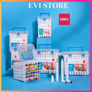 Bút màu marker thân tròn hai đầu Bút marker hộp nhựa Deli 70816 Bút đi nét viết caligraphy