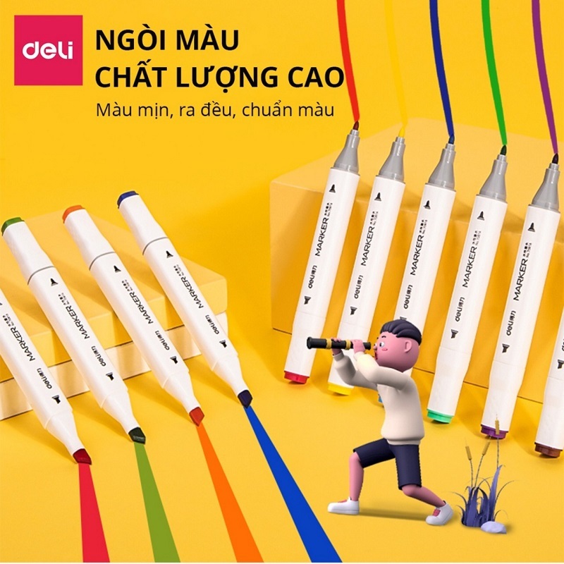 Bút màu marker thân tròn hai đầu Bút marker hộp nhựa Deli 70816 Bút đi nét viết caligraphy