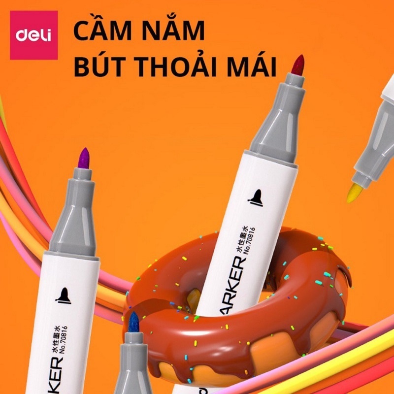 Bút màu marker thân tròn hai đầu Bút marker hộp nhựa Deli 70816 Bút đi nét viết caligraphy