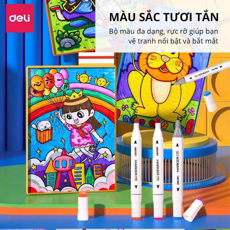 Bút màu marker thân tròn hai đầu Bút marker hộp nhựa Deli 70816 Bút đi nét viết caligraphy