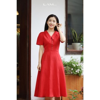 Đầm Linen cổ V cúc kim loại thời trang Alida LAM22D14