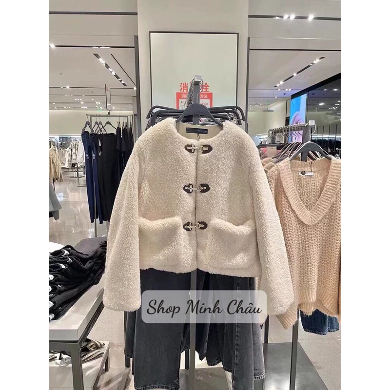 Áo khoác lông trắng cổ tròn khuy móc Zarraa