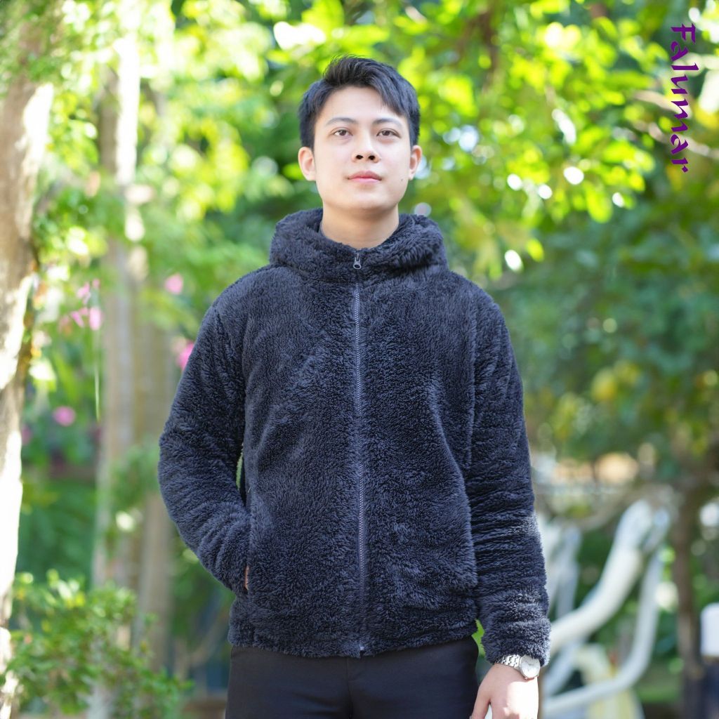 Áo Khoác lông cừu nam có mũ Falumar, áo khoác lông nam mùa đông, lớp lông hai mặt dầy ấm áp