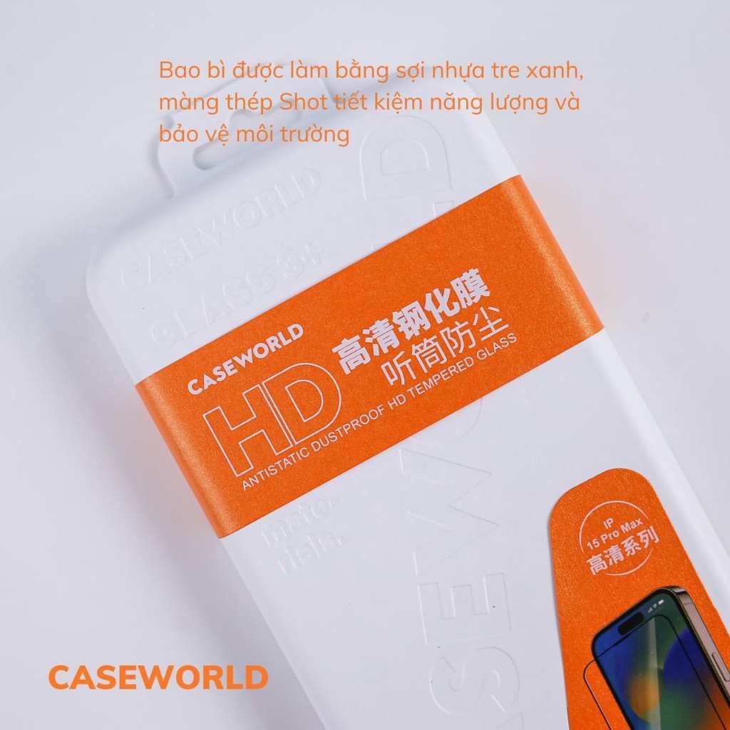Siêu kính cường lực full màn hình CaseWorld Glass 0.33mm bảo vệ màng loa cho IPhone, 15  ProMax, 14 Plus , 13 trong suốt