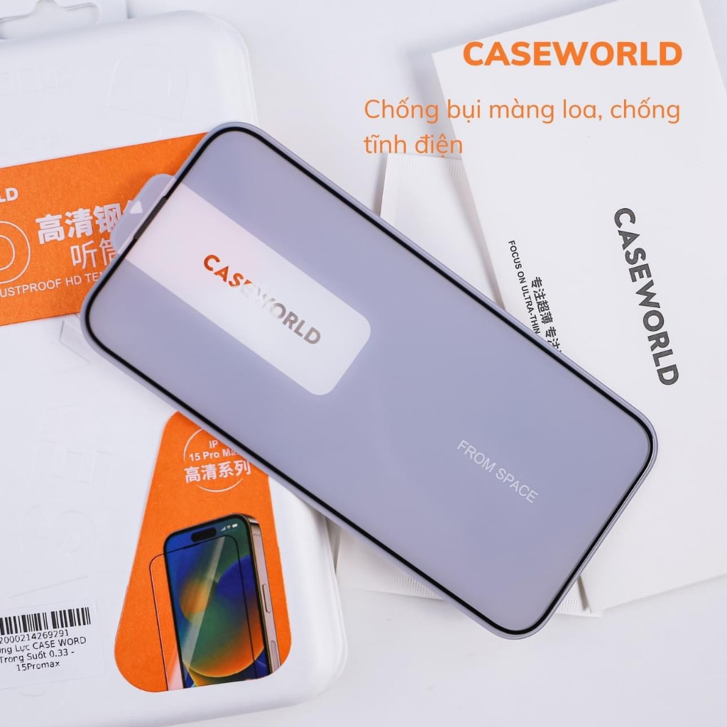 Siêu kính cường lực full màn hình CaseWorld Glass 0.33mm bảo vệ màng loa cho IPhone, 15  ProMax, 14 Plus , 13 trong suốt