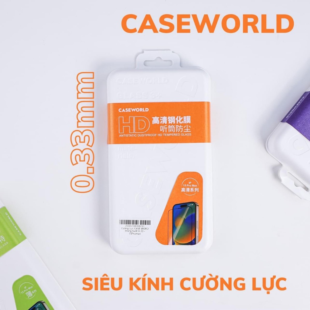 Siêu kính cường lực full màn hình CaseWorld Glass 0.33mm bảo vệ màng loa cho IPhone, 15  ProMax, 14 Plus , 13 trong suốt