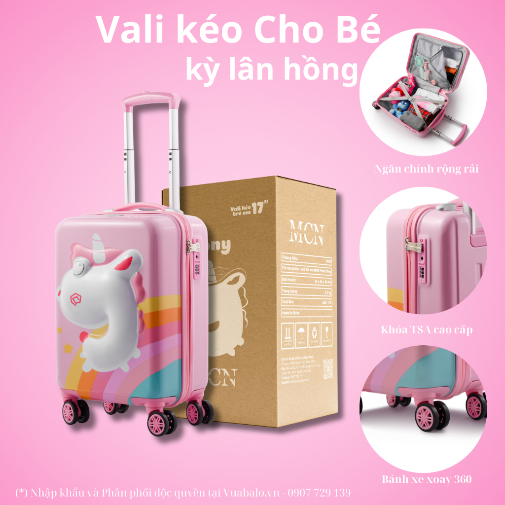 Vali kéo Kỳ lân hồng cho Bé Gái du lịch Beddy xách tay máy bay - Nhựa chống bể vỡ - Khóa TSA cố định -bánh xe xoay 360