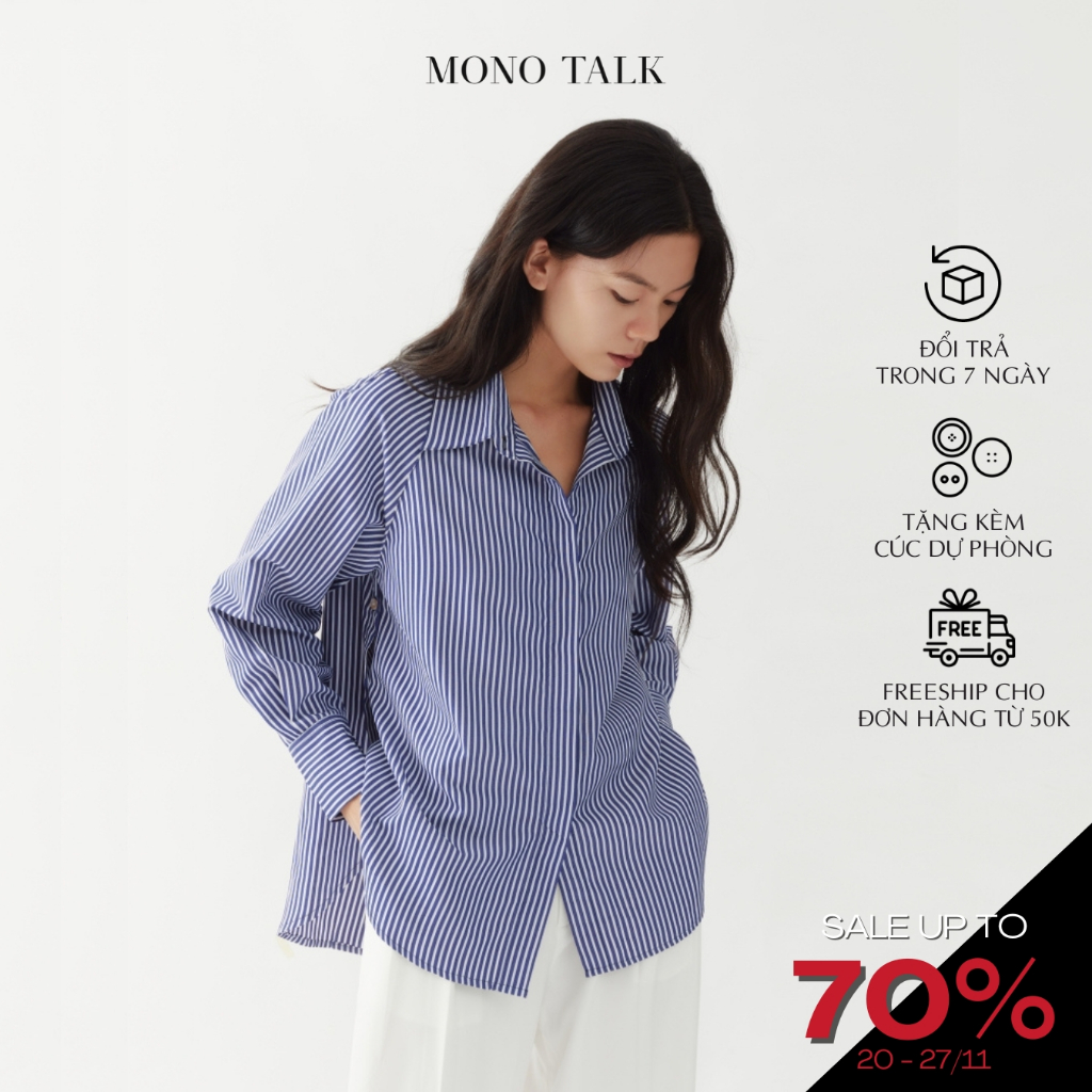 Sơ Mi Kẻ Raglan MONO TALK Striped Oversize Shirt With Slit - Kẻ Sọc Xanh MOF22S-T10014TK