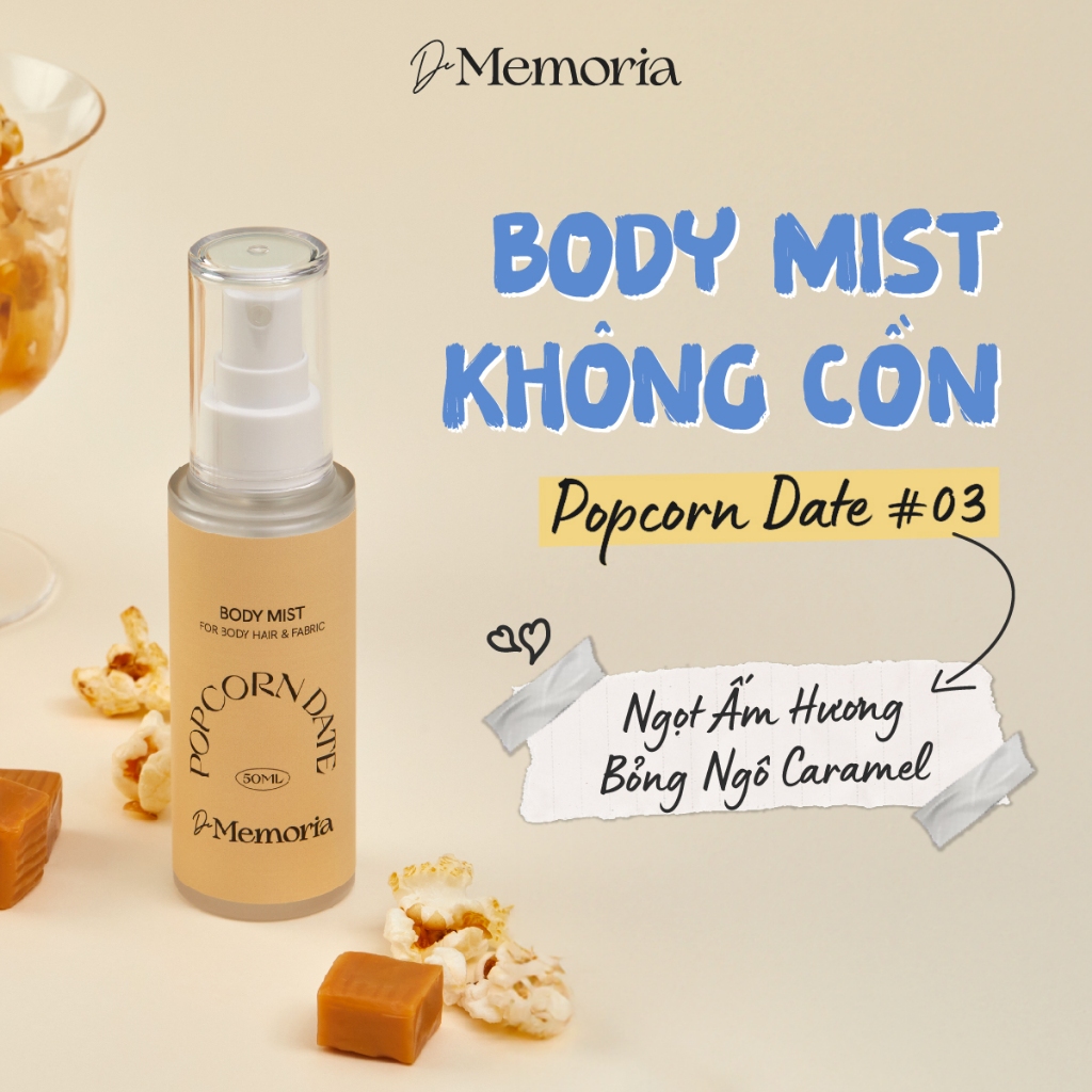 Body Mist Không Cồn De Memoria Hương Bỏng Ngô Vanilla Ngọt Ấm Quyến Rũ (50ml) - Popcorn Date 03 BST Cảm Xúc Chân Thật