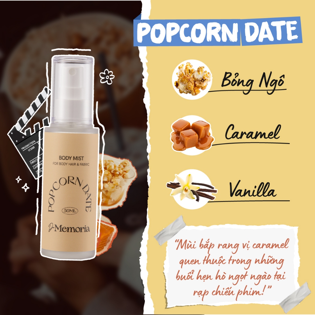 Body Mist Không Cồn De Memoria Hương Bỏng Ngô Vanilla Ngọt Ấm Quyến Rũ (50ml) - Popcorn Date 03 BST Cảm Xúc Chân Thật