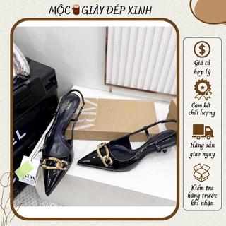 Giày guốc cao gót za.ra mũi nhọn da bóng ,Giày sandal hở gót mặt xích vàng gót nhọn 3cm cao cấp fullbox hàng sẵn