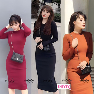 Váy body tay dài len gân dài tôn dáng hàng có sẵn, Đầm ôm dài tay đẹp màu đỏ đô đi chơi noel - mặc tết