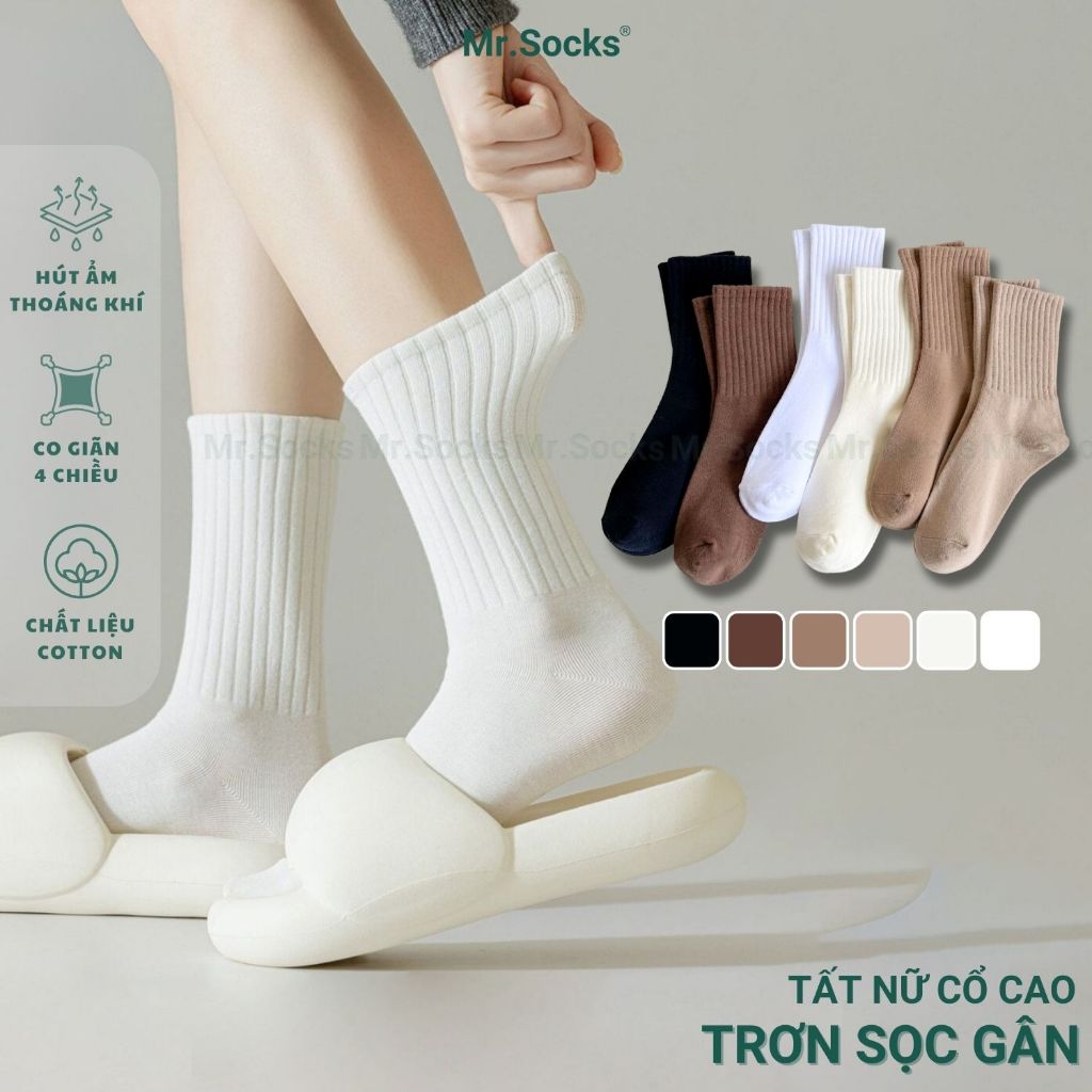 Tất nữ cao cổ trơn màu Mr.Socks cổ sọc gân, chất vải co giãn 4 chiều, dày dặn thoáng khí - OAS-1701-1DOI