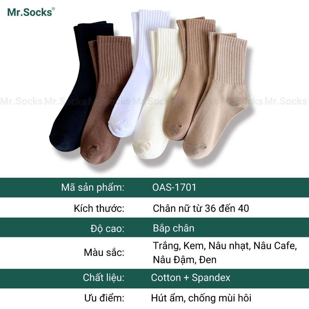 Tất nữ cao cổ trơn màu Mr.Socks cổ sọc gân, chất vải co giãn 4 chiều, dày dặn thoáng khí - OAS-1701-1DOI