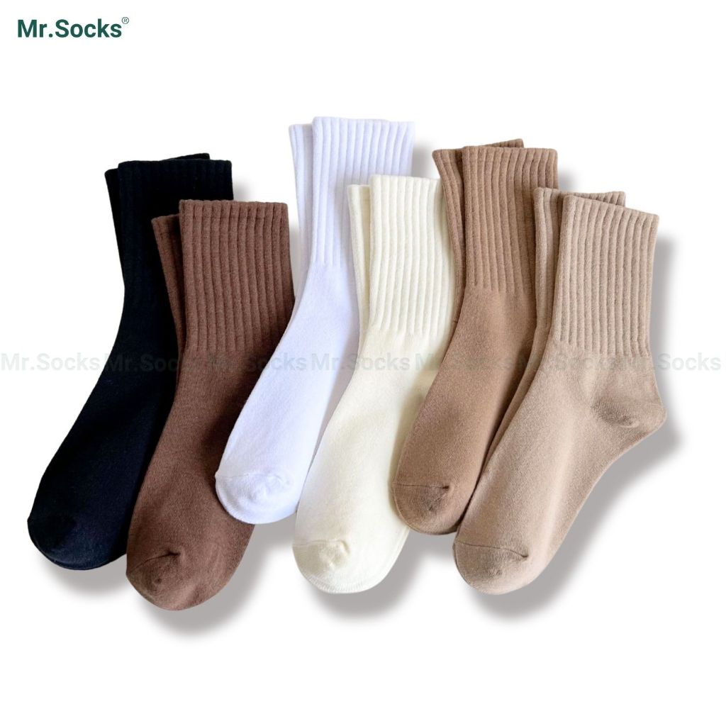 Tất nữ cao cổ trơn màu Mr.Socks cổ sọc gân, chất vải co giãn 4 chiều, dày dặn thoáng khí - OAS-1701-1DOI