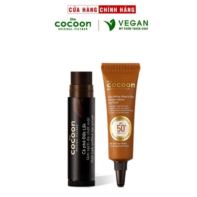Cà phê đắk lắk làm sạch da chết môi cocoon 5g + Sữa kem chống nắng bí đao cocoon 5ml thuần chay