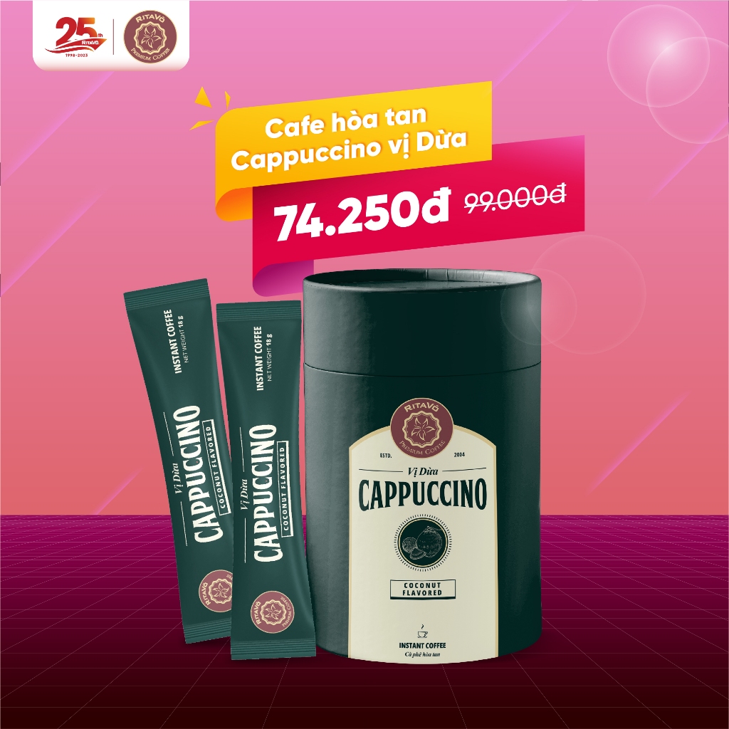 Cà phê hòa tan cappuccino coconut (vị dừa béo thơm) thương hiệu RitaVõ Cafe - Hộp 216g (gồm 12 gói x 18g)