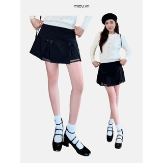 Chân váy nữ xếp ly chữ A cotton kaki dáng ngắn phối lưới đính nơ xinh MIEU - KO09