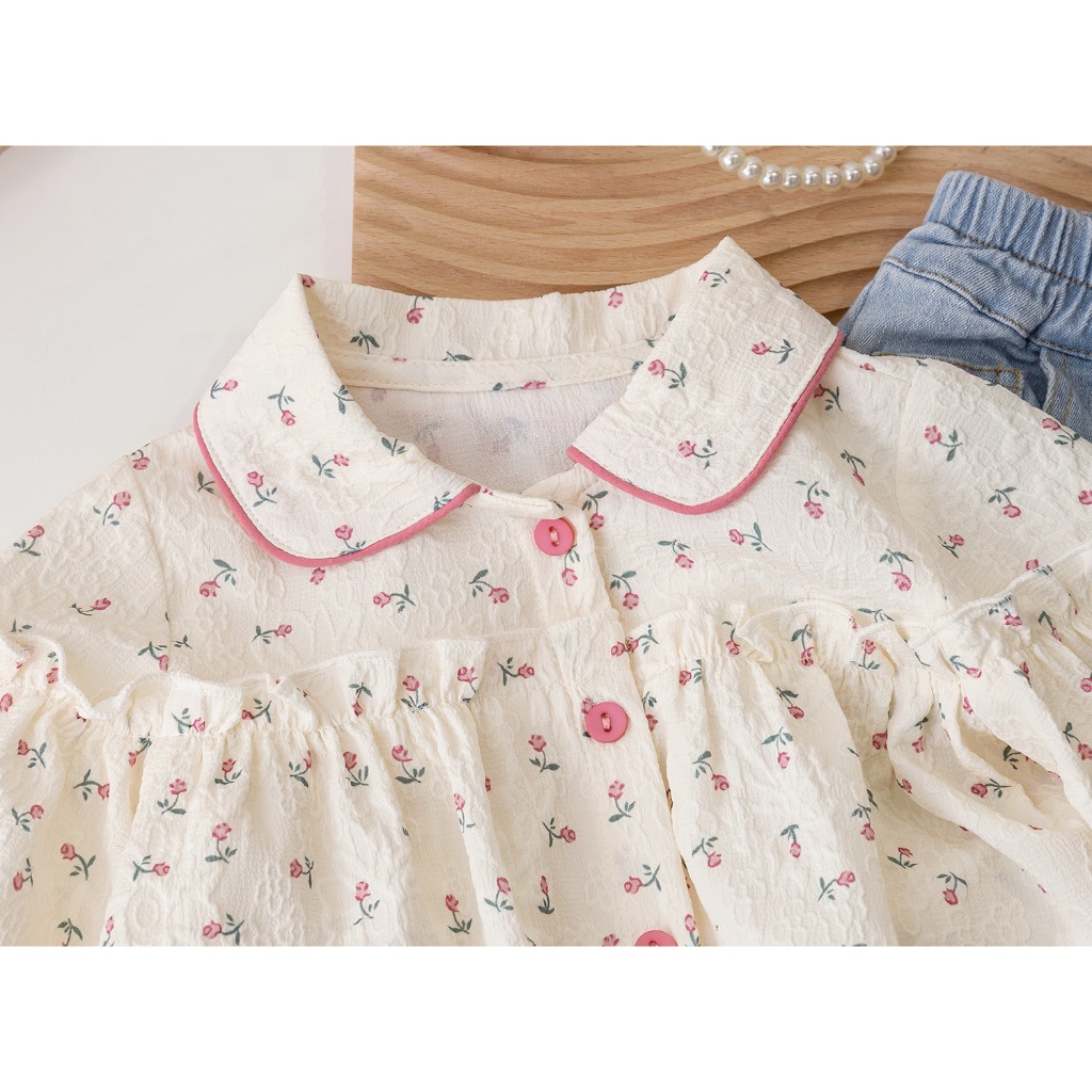 Áo sơ mi babydoll họa tiết hoa nhí 2 màu bé gái