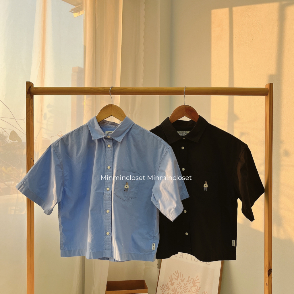Áo sơmi crop Whoau chính hãng form nữ phối túi ngực thêu gấu Steve chất cotton đi học đi chơi