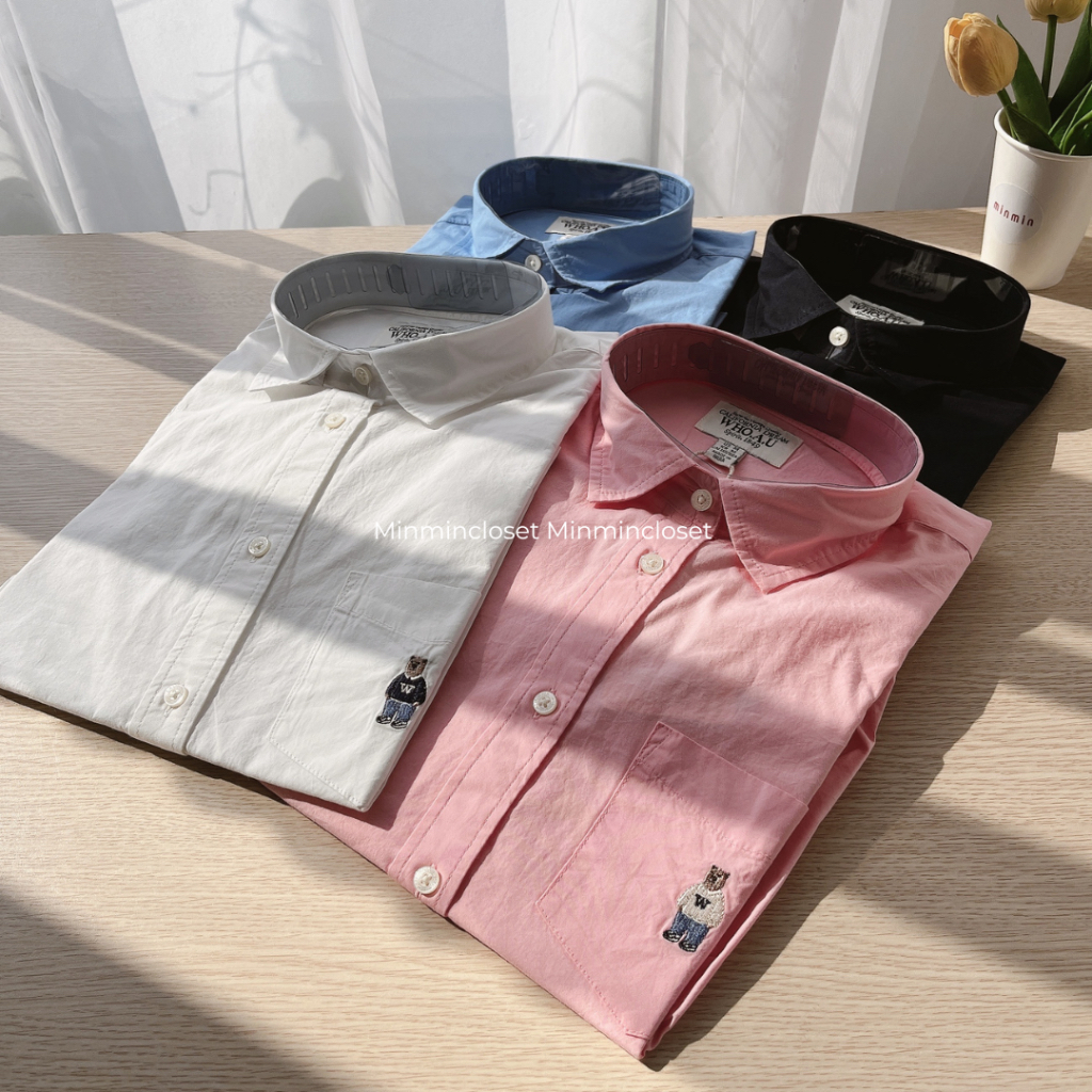 Áo sơmi crop Whoau chính hãng form nữ phối túi ngực thêu gấu Steve chất cotton đi học đi chơi