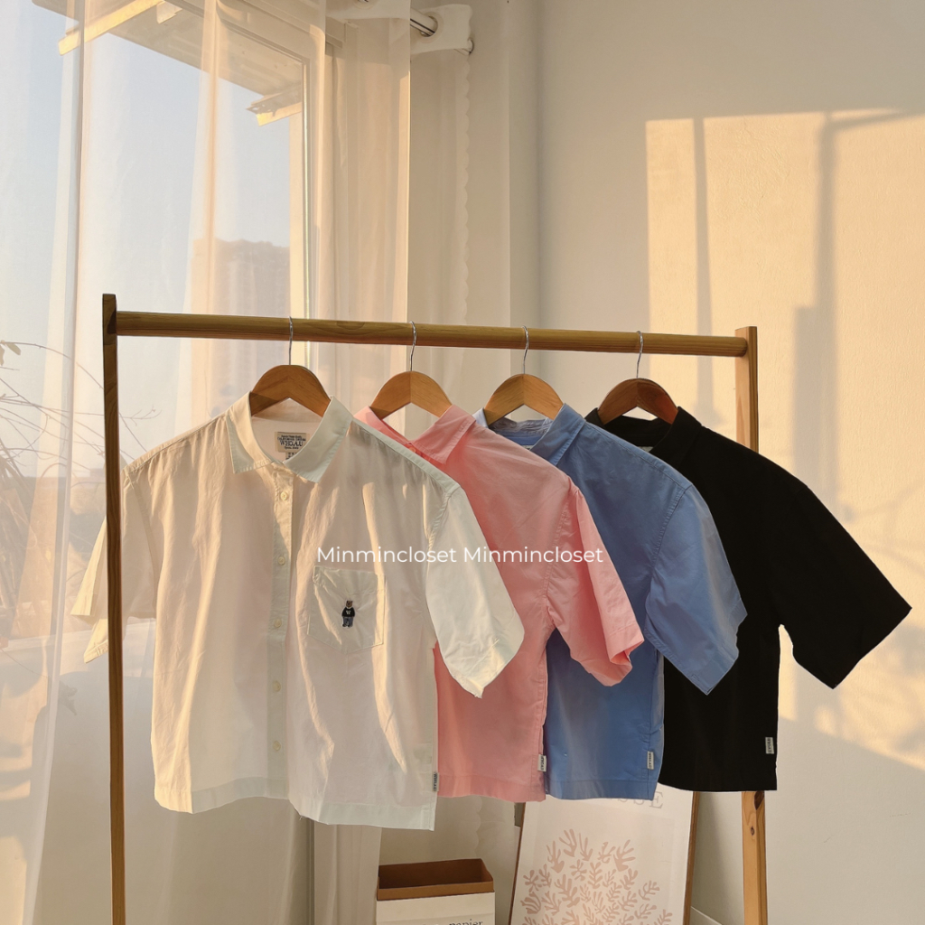 Áo sơmi crop Whoau chính hãng form nữ phối túi ngực thêu gấu Steve chất cotton đi học đi chơi