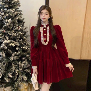Đầm nhung dài tay phối bèo cổ siêu xinh chất nhung cứng