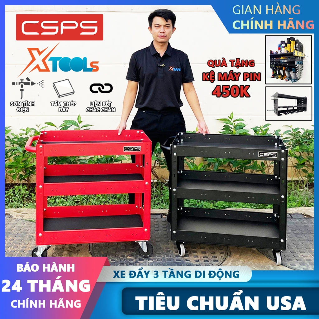 Tủ đồ nghề di động CSPS xe đẩy 3 tầng xuất khẩu US tải trọng 136kg 4 bánh xoay có khóa tủ dụng cụ đa năng sơn tĩnh điện