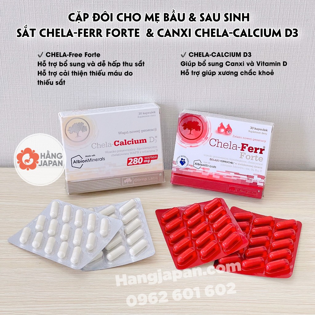 Canxi hữu cơ Chela Calcium D3 cho mẹ bầu 30 viên và sau sinh, Sắt Chela Forte - Hàng x.tay