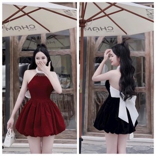 Đầm nhung cổ yếm, kiểu váy ngắn, cổ đính cườm siêu xinh